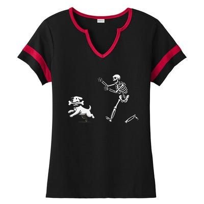 Halloween Dog Funny Skeleton Skeleton Chasing Dog Ladies Halftime Notch Neck Tee