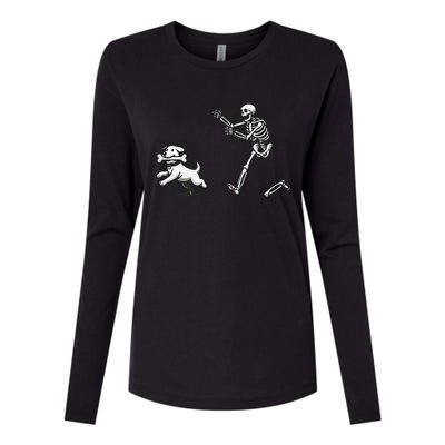 Halloween Dog Funny Skeleton Skeleton Chasing Dog Womens Cotton Relaxed Long Sleeve T-Shirt