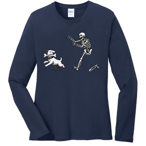 Halloween Dog Funny Skeleton Skeleton Chasing Dog Ladies Long Sleeve Shirt