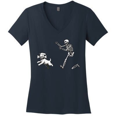 Halloween Dog Funny Skeleton Skeleton Chasing Dog Women's V-Neck T-Shirt