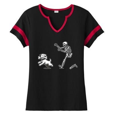 Halloween Dog Funny Skeleton Skeleton Chasing Dog Ladies Halftime Notch Neck Tee