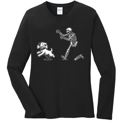 Halloween Dog Funny Skeleton Skeleton Chasing Dog Ladies Long Sleeve Shirt