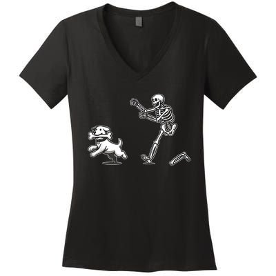 Halloween Dog Funny Skeleton Skeleton Chasing Dog Women's V-Neck T-Shirt