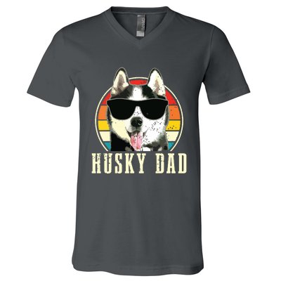 Husky Dad Funny Dog Sunglasses Vintage Siberian Husky V-Neck T-Shirt