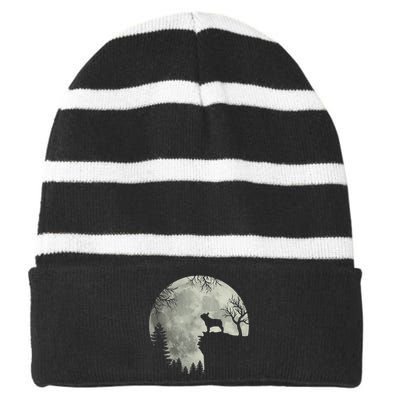 Halloween Dog Frenchie Frenchie Dog Moon Howl In Forest Striped Beanie with Solid Band