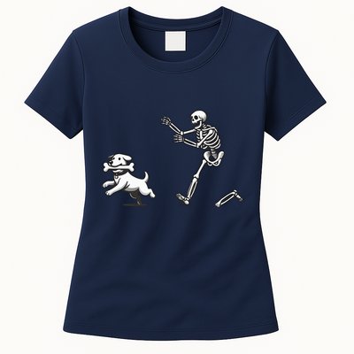 Halloween Dog Funny Skeleton Skeleton Chasing Dog Womens T-Shirt