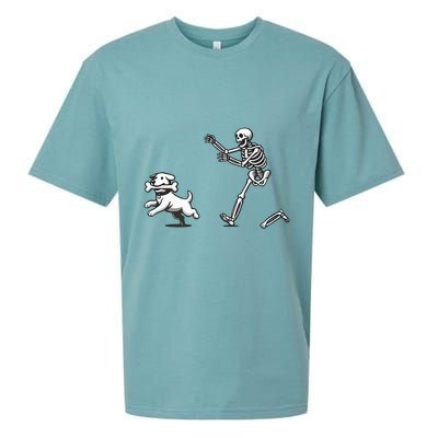 Halloween Dog Funny Skeleton Skeleton Chasing Dog Sueded Cloud Jersey T-Shirt