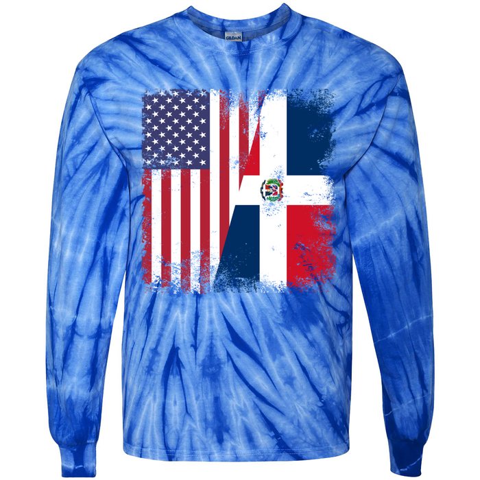 Half Dominican Flag Gift Vintage Usa Gift Tie-Dye Long Sleeve Shirt