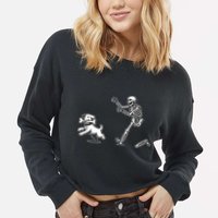 Halloween Dog Funny Skeleton Skeleton Chasing Dog Cropped Pullover Crew