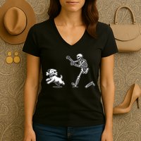 Halloween Dog Funny Skeleton Skeleton Chasing Dog Women's V-Neck T-Shirt