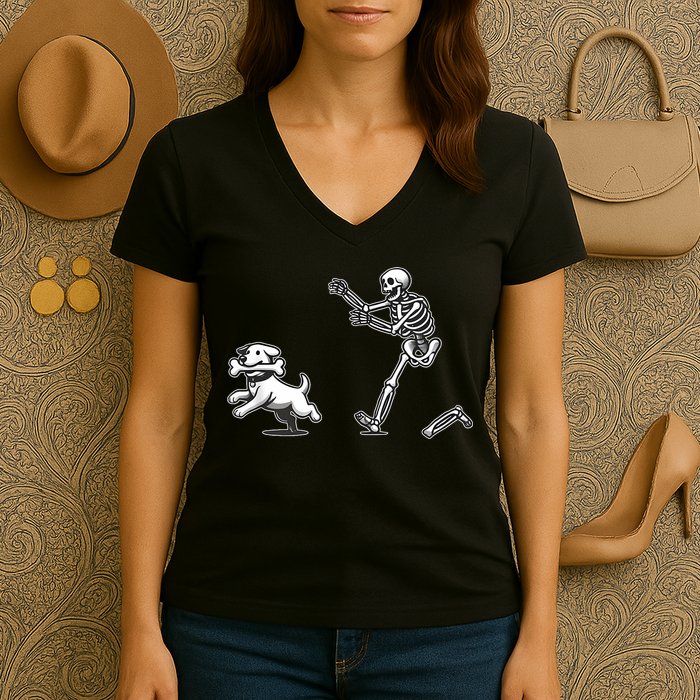 Halloween Dog Funny Skeleton Skeleton Chasing Dog Women's V-Neck T-Shirt