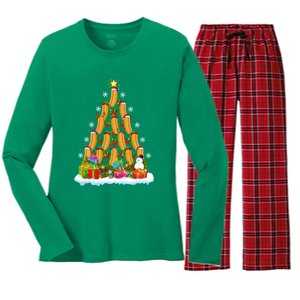 Hot Dog Food Lover Xmas Holiday Santa Hot Dog Christmas Tree Women's Long Sleeve Flannel Pajama Set 