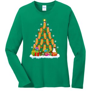 Hot Dog Food Lover Xmas Holiday Santa Hot Dog Christmas Tree Ladies Long Sleeve Shirt