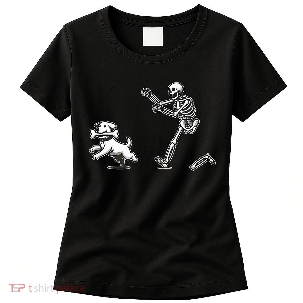 Halloween Dog Funny Skeleton Skeleton Chasing Dog Womens T-Shirt