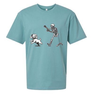 Halloween Dog Funny Skeleton Skeleton Chasing Dog Sueded Cloud Jersey T-Shirt
