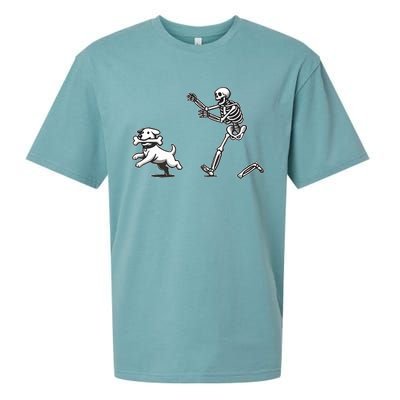 Halloween Dog Funny Skeleton Skeleton Chasing Dog Sueded Cloud Jersey T-Shirt