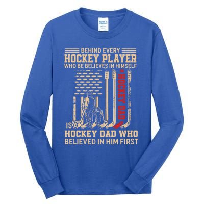 Hockey Dad Gift Hockey American Flag Happy Fathers Day Funny Gift Tall Long Sleeve T-Shirt