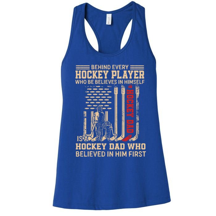 Hockey Dad Gift Hockey American Flag Happy Fathers Day Funny Gift Women's Racerback Tank