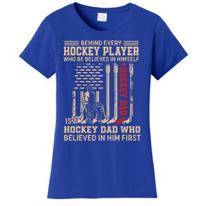 Hockey Dad Gift Hockey American Flag Happy Fathers Day Funny Gift Women's T-Shirt