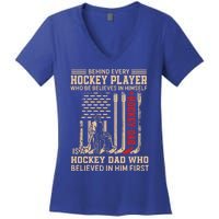 Hockey Dad Gift Hockey American Flag Happy Fathers Day Funny Gift Women's V-Neck T-Shirt