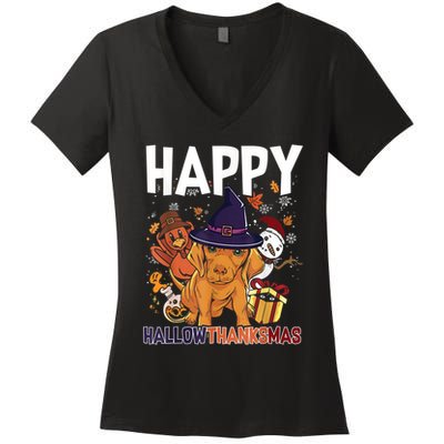 Hallothanksmas Dachshund Halloween Christmas Thanksgiving Women's V-Neck T-Shirt
