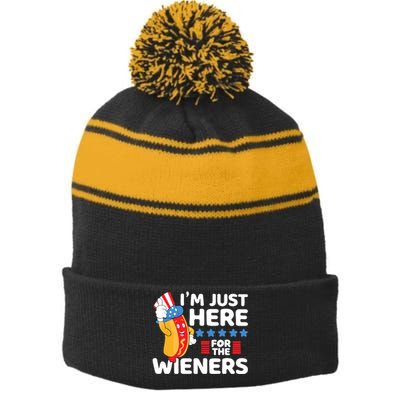 Hot Dog Im Just Here For The Wieners 4th Of July Stripe Pom Pom Beanie