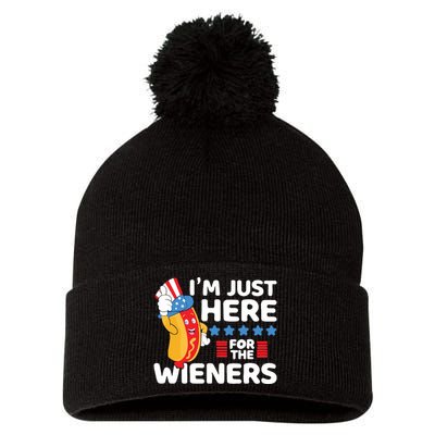 Hot Dog Im Just Here For The Wieners 4th Of July Pom Pom 12in Knit Beanie