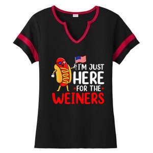 Hot Dog Im Just Here For The Wieners Sausage 4th Of July Ladies Halftime Notch Neck Tee