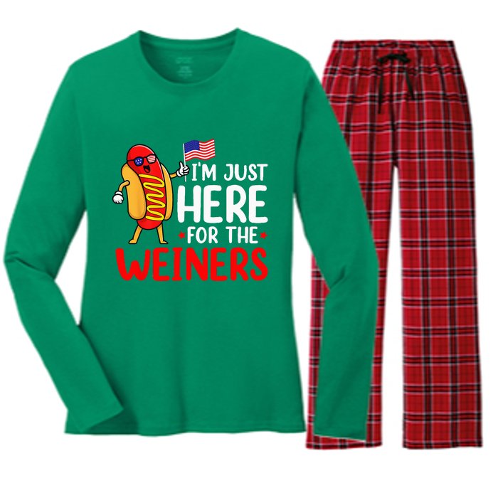 Hot Dog Im Just Here For The Wieners Sausage 4th Of July Women's Long Sleeve Flannel Pajama Set 