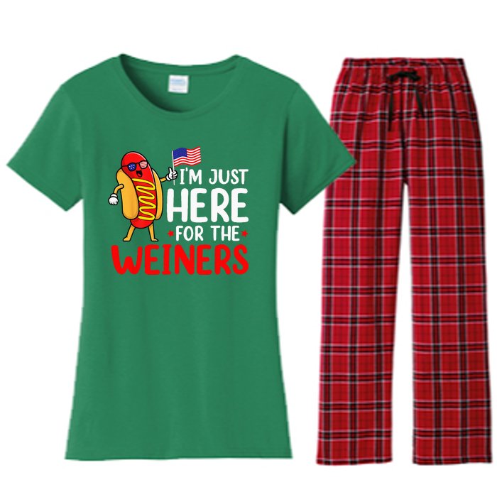 Hot Dog Im Just Here For The Wieners Sausage 4th Of July Women's Flannel Pajama Set