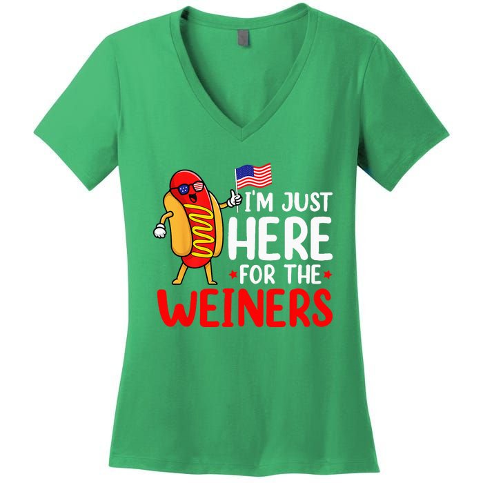 Hot Dog Im Just Here For The Wieners Sausage 4th Of July Women's V-Neck T-Shirt