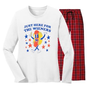 Hot Dog Im Just Here For The Wieners 4th Of July Funny Women's Long Sleeve Flannel Pajama Set 