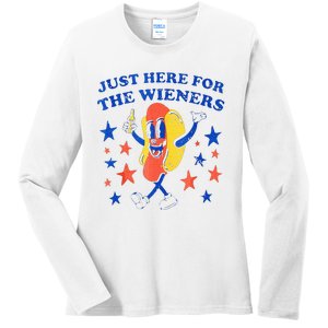 Hot Dog Im Just Here For The Wieners 4th Of July Funny Ladies Long Sleeve Shirt