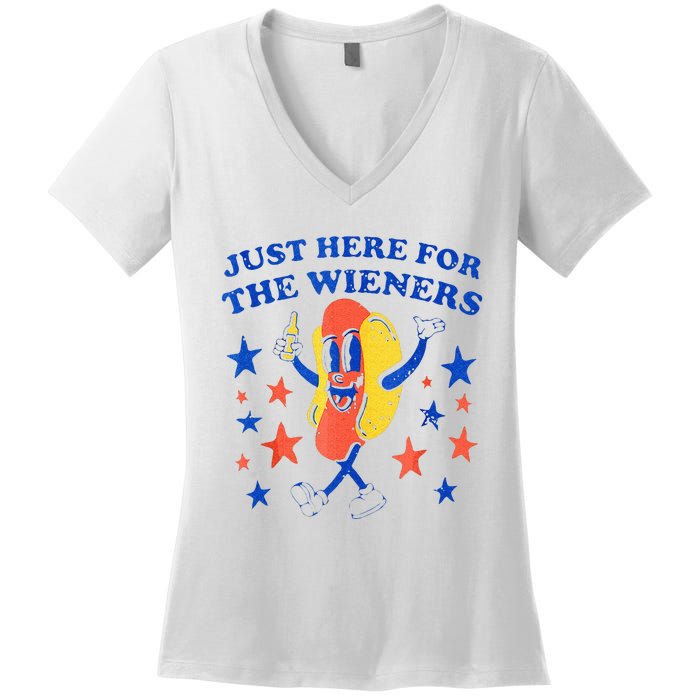 Hot Dog Im Just Here For The Wieners 4th Of July Funny Women's V-Neck T-Shirt