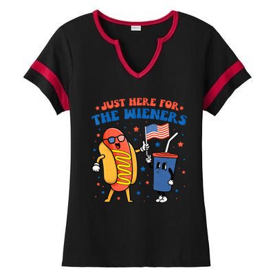 Hot Dog Im Just Here For The Wieners Funny 4Th Of July Ladies Halftime Notch Neck Tee