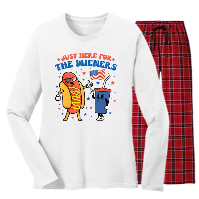 Hot Dog Im Just Here For The Wieners Funny 4Th Of July Women's Long Sleeve Flannel Pajama Set 