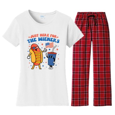 Hot Dog Im Just Here For The Wieners Funny 4Th Of July Women's Flannel Pajama Set