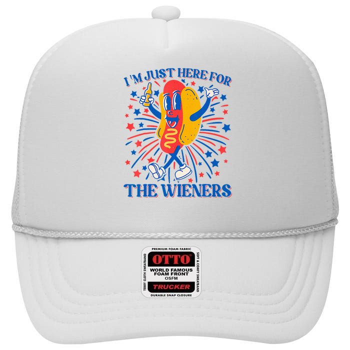 Hot Dog IM Just Here For The Wieners 4th Of July High Crown Mesh Back Trucker Hat