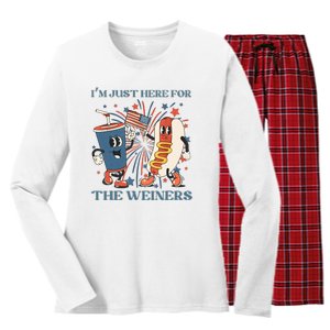 Hot Dog Im Just Here For The Wieners 4Th Of July Women's Long Sleeve Flannel Pajama Set 