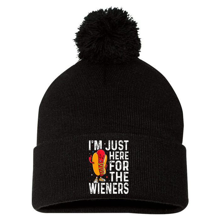 Hot Dog IM Just Here For The Wieners 4th Of July Pom Pom 12in Knit Beanie