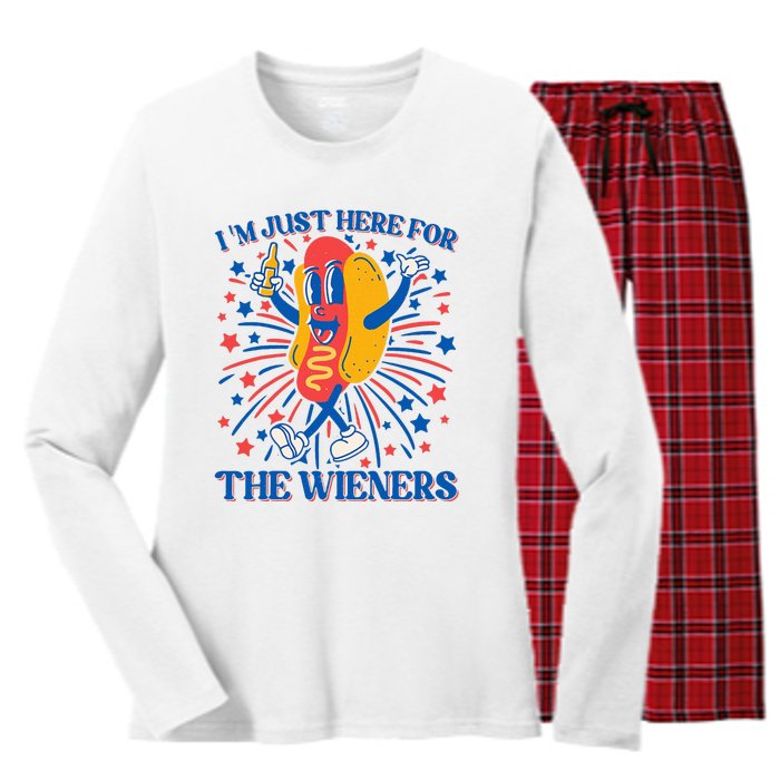 Hot Dog IM Just Here For The Wieners 4th Of July Women's Long Sleeve Flannel Pajama Set 