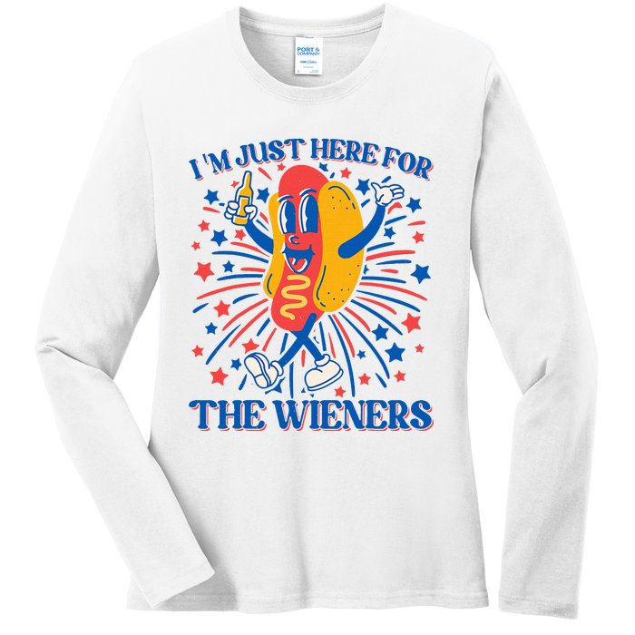 Hot Dog IM Just Here For The Wieners 4th Of July Ladies Long Sleeve Shirt