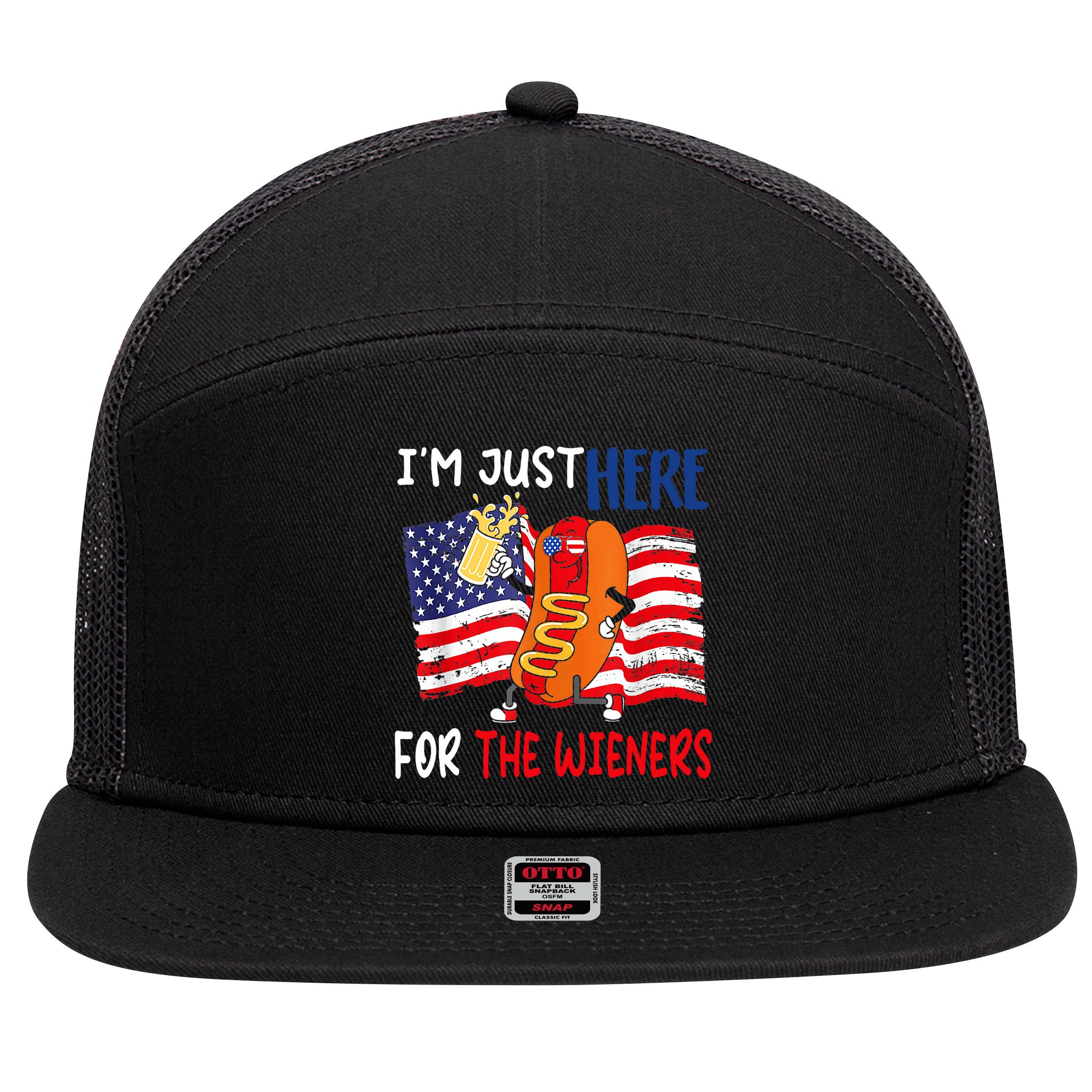 Hot Dog IM Just Here For The Wieners 4th Of July Usa Flag 7 Panel Mesh Trucker Snapback Hat