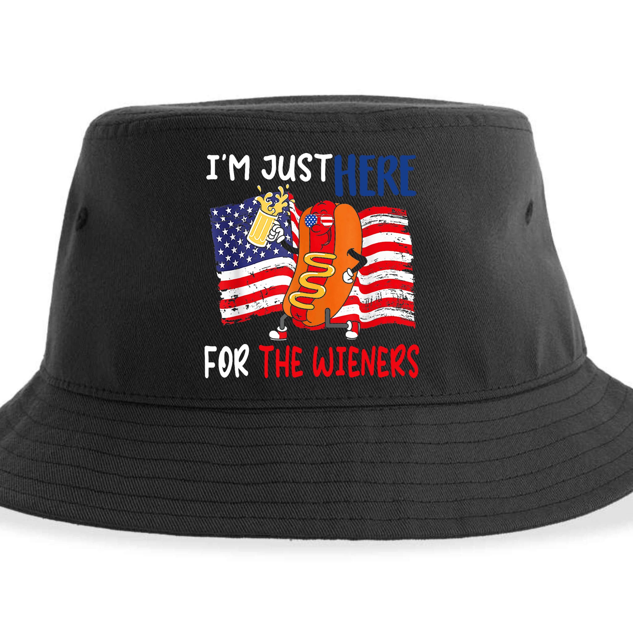Hot Dog IM Just Here For The Wieners 4th Of July Usa Flag Sustainable Bucket Hat