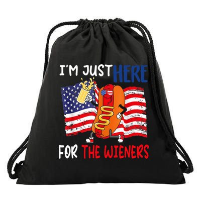 Hot Dog IM Just Here For The Wieners 4th Of July Usa Flag Drawstring Bag