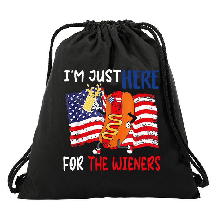 Hot Dog IM Just Here For The Wieners 4th Of July Usa Flag Drawstring Bag
