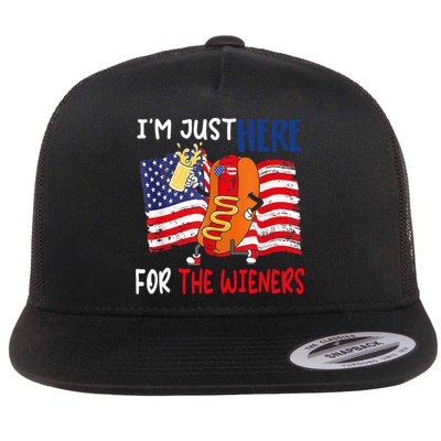 Hot Dog IM Just Here For The Wieners 4th Of July Usa Flag Flat Bill Trucker Hat