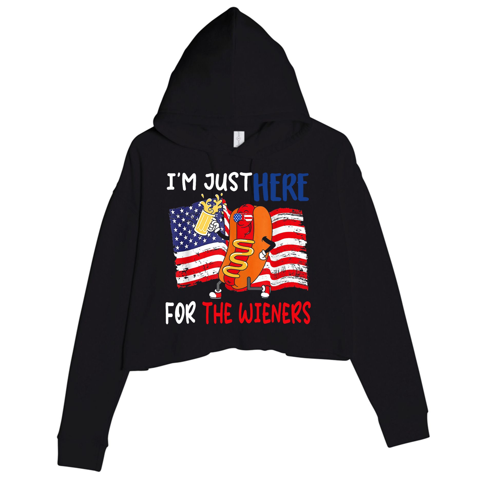 Hot Dog IM Just Here For The Wieners 4th Of July Usa Flag Crop Fleece Hoodie