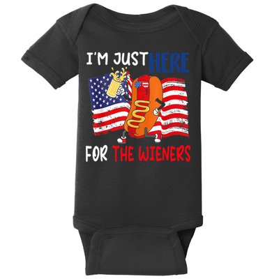Hot Dog IM Just Here For The Wieners 4th Of July Usa Flag Baby Bodysuit