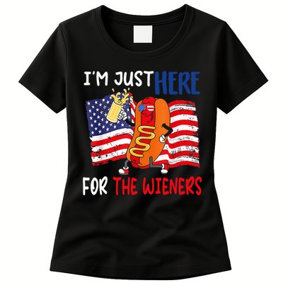 Hot Dog IM Just Here For The Wieners 4th Of July Usa Flag Womens T-Shirt